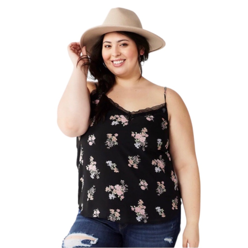 Chiffon Lace Trim V-Neck Cami Black Size 2X